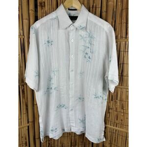 LUAU Mens 100% Linen Short Sleeve Hawaiian Style‎ Shirt White & Teal - Large